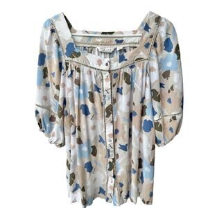Caffe Marrakesh blouse M blue tan beige top shirt puffed sleeves chic boho indie